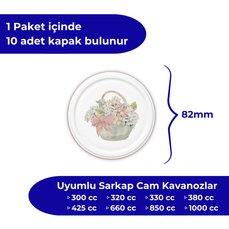 Hijyenik Paketli 10 Adet Kavanoz Kapağı Çiçek Desenler 82 mm PembeBuket