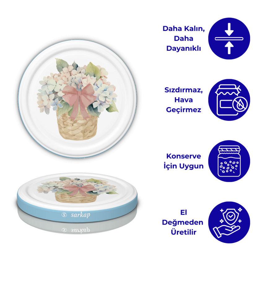 Hijyenik Paketli 10 Adet Kavanoz Kapağı Çiçek Desenler 82 mm MaviBuket