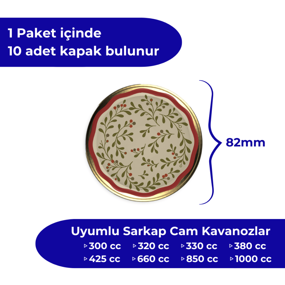 Hijyenik Paketli 10 Adet Kavanoz Kapağı Yeni Yıl Serisi 82 mm Kokina