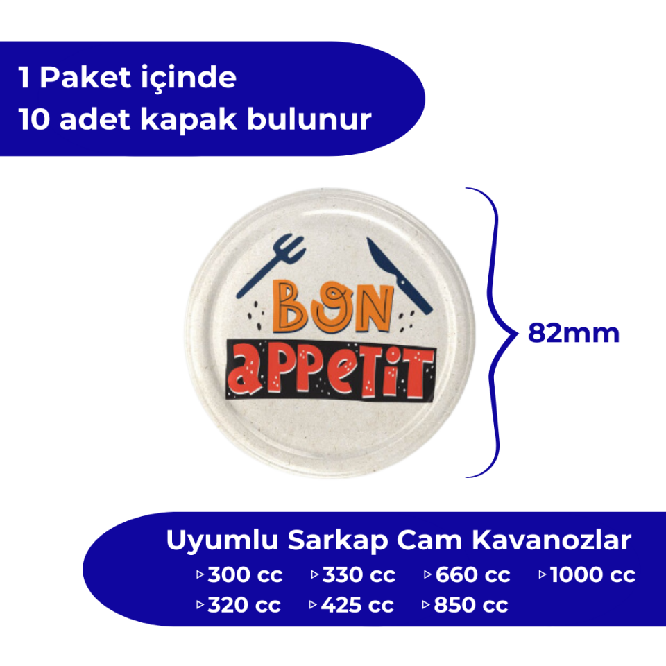 Hijyenik Paketli 10 Adet Kavanoz Kapağı – Bon Apetit Model - 82mm