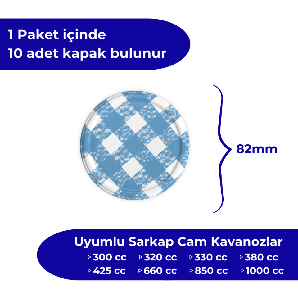 Hijyenik Paketli 10 adet Kavanoz Kapağı – Mat Ekose – 82 mm Mavi