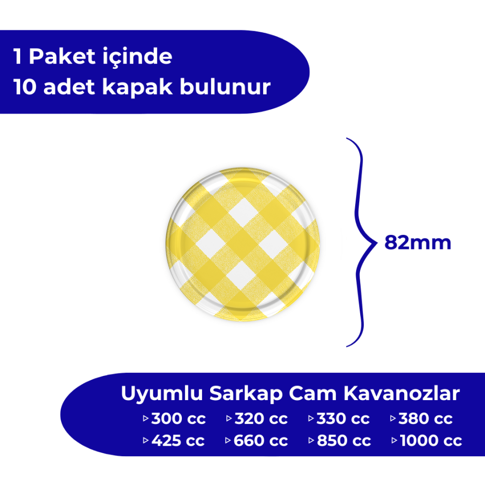 Hijyenik Paketli 10 adet Kavanoz Kapağı – Mat Ekose – 82 mm SARI