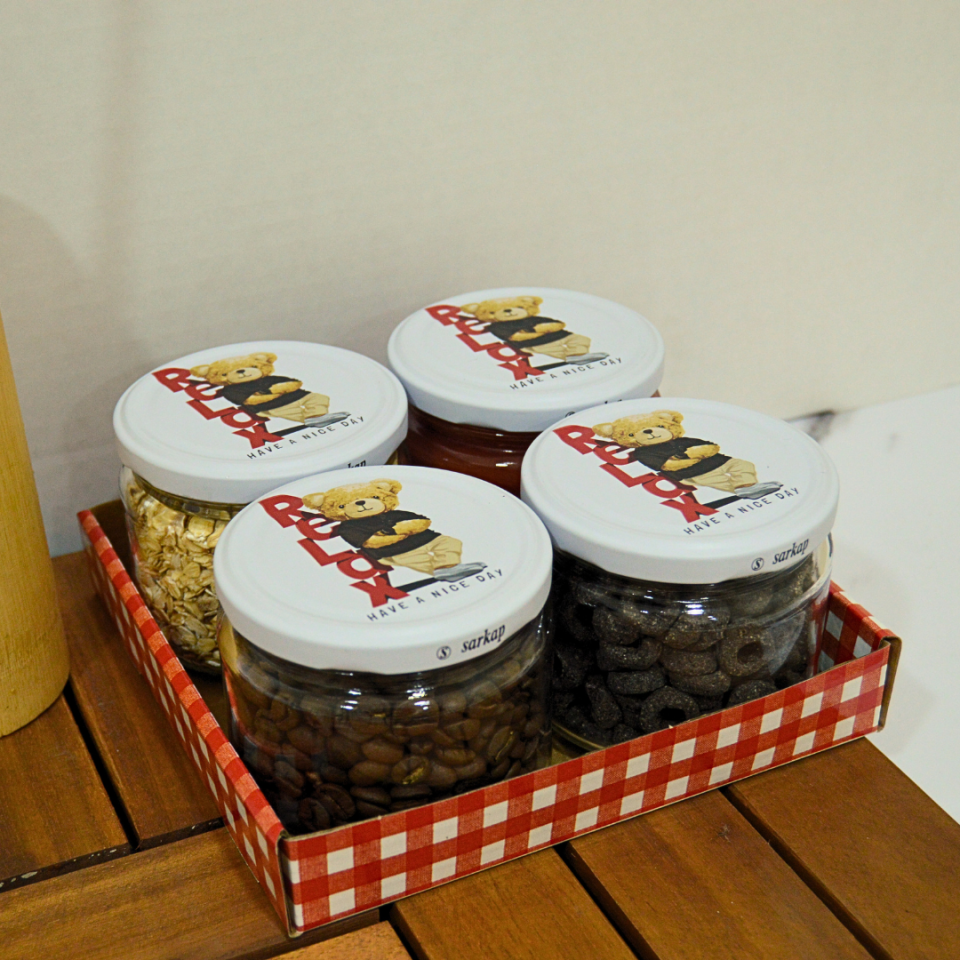 Sarkap Home 4'lü 300 ml Desenli Kapaklı Yuvarlak Cam Kavanoz