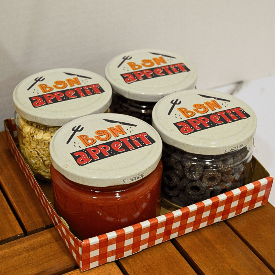 Sarkap Home 4'lü 300 ml Desenli Kapaklı Yuvarlak Cam Kavanoz BonApetit