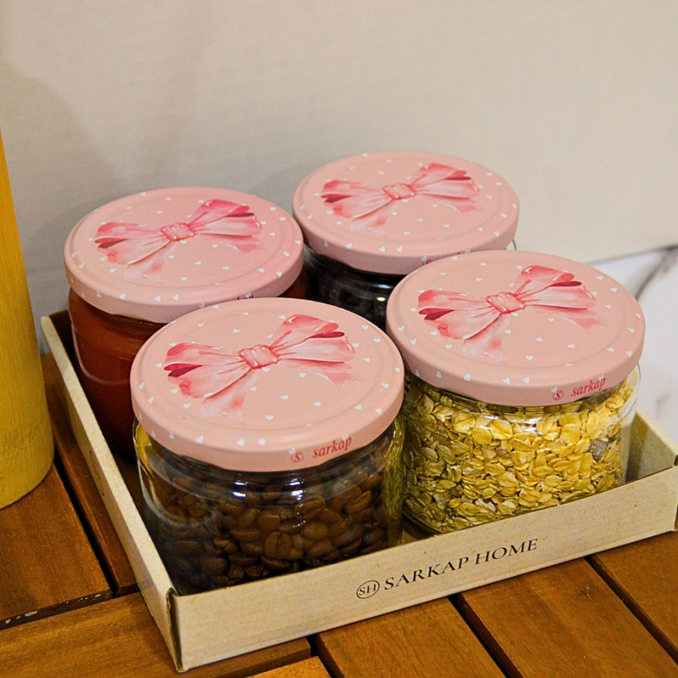 Sarkap Home 4'lü 300 ml Desenli Kapaklı Yuvarlak Cam Kavanoz Kurdele