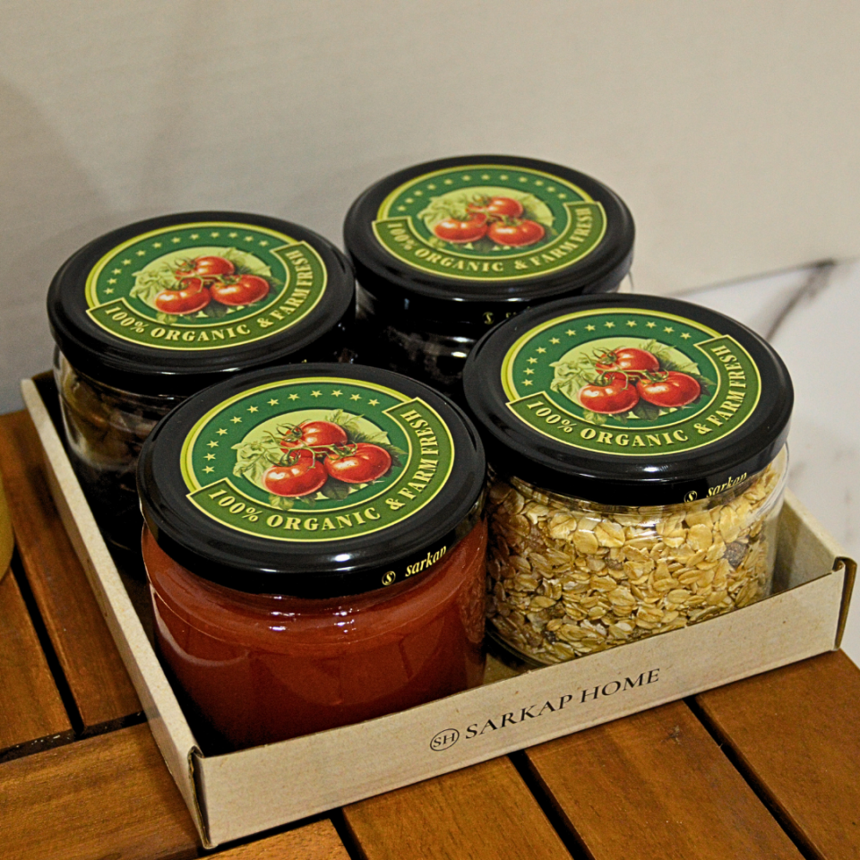 Sarkap Home 4'lü 300 ml Desenli Kapaklı Yuvarlak Cam Kavanoz SiyahDomates