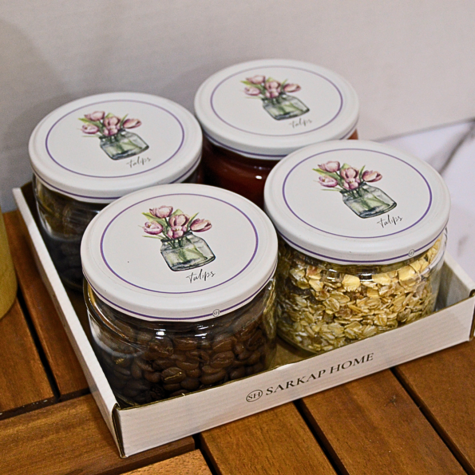 Sarkap Home 4'lü 300 ml Desenli Kapaklı Yuvarlak Cam Kavanoz Tulips