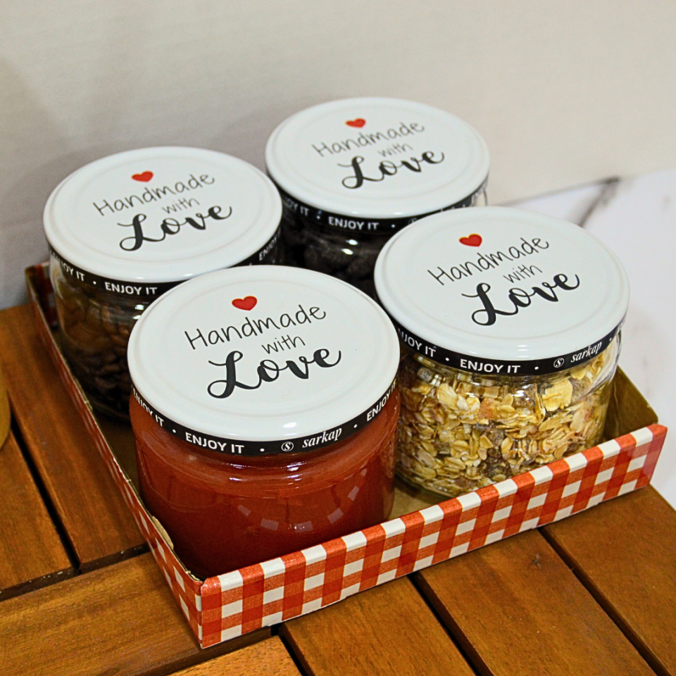 Sarkap Home 4'lü 300 ml Desenli Kapaklı Yuvarlak Cam Kavanoz Homemade