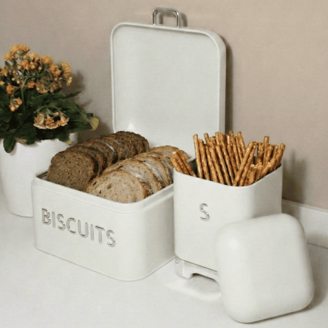 Sarkap Home Galvaniz Biscuits 5,6 L Küçük Boy Ekmeklik - 200x140mm & 2 L Storage Kutu - 115x150mm Set KremBiscuits