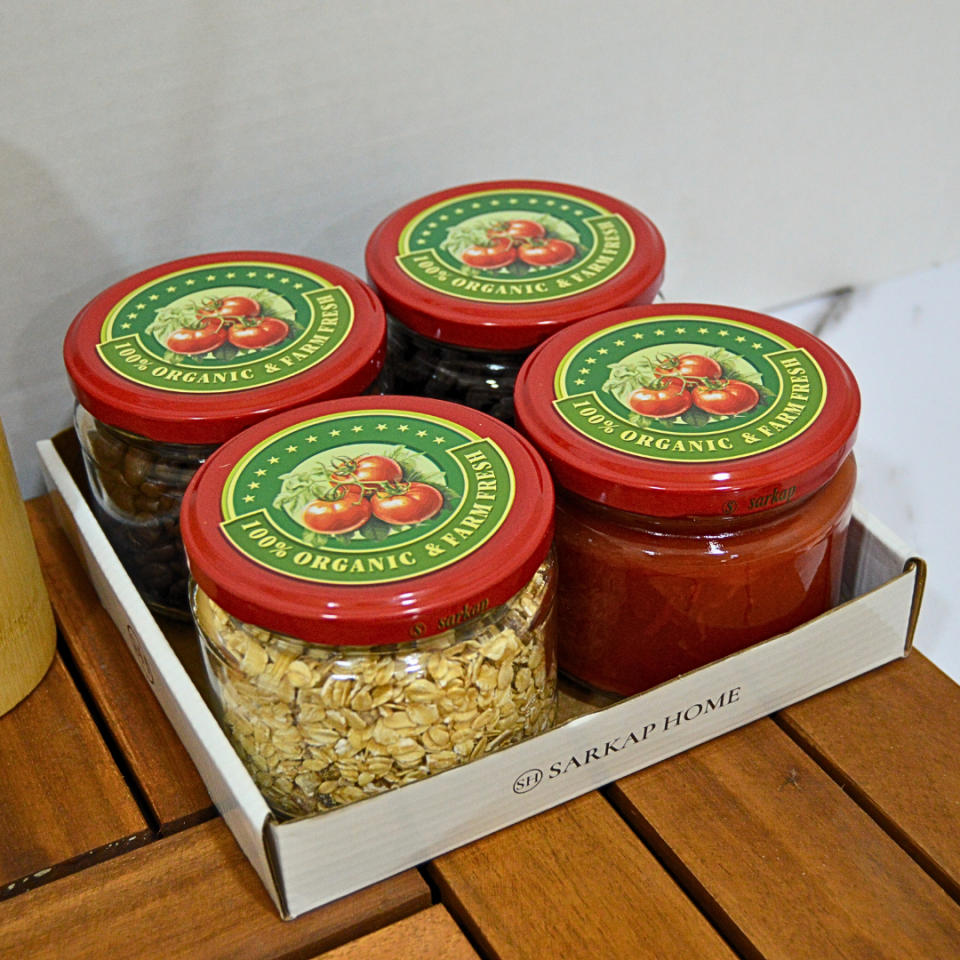 Sarkap Home 4'lü 300 ml Desenli Kapaklı Yuvarlak Cam Kavanoz KırmızıDomates