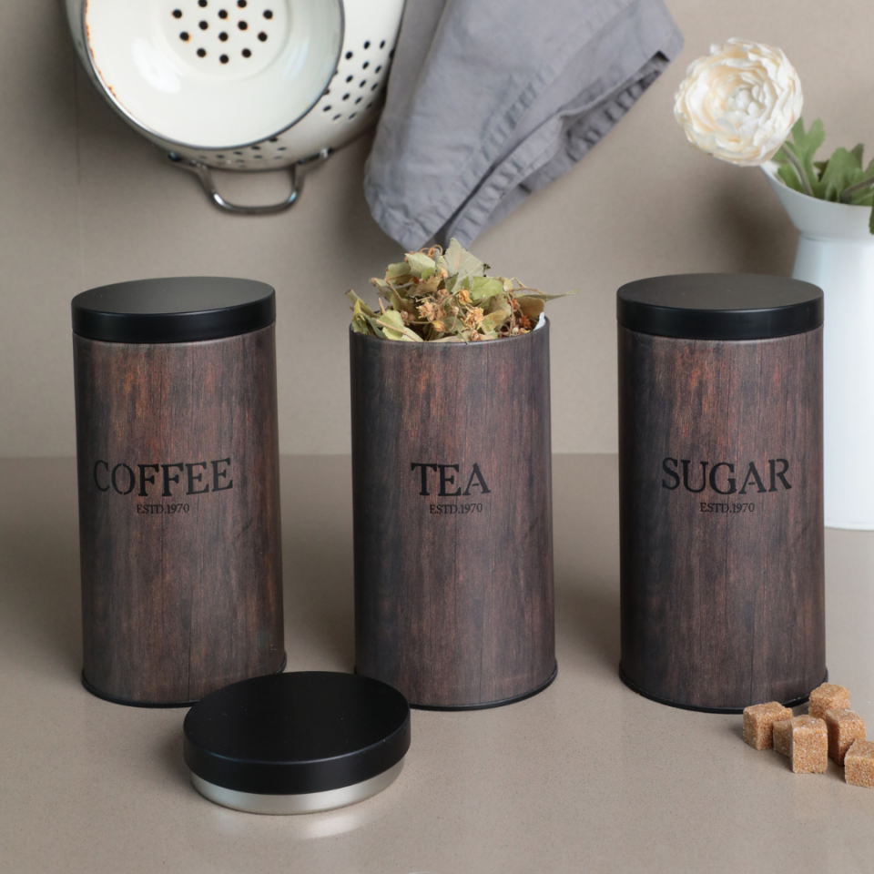 Vakumlu Kapaklı 3'lü Metal Saklama Kabı Seti Maun