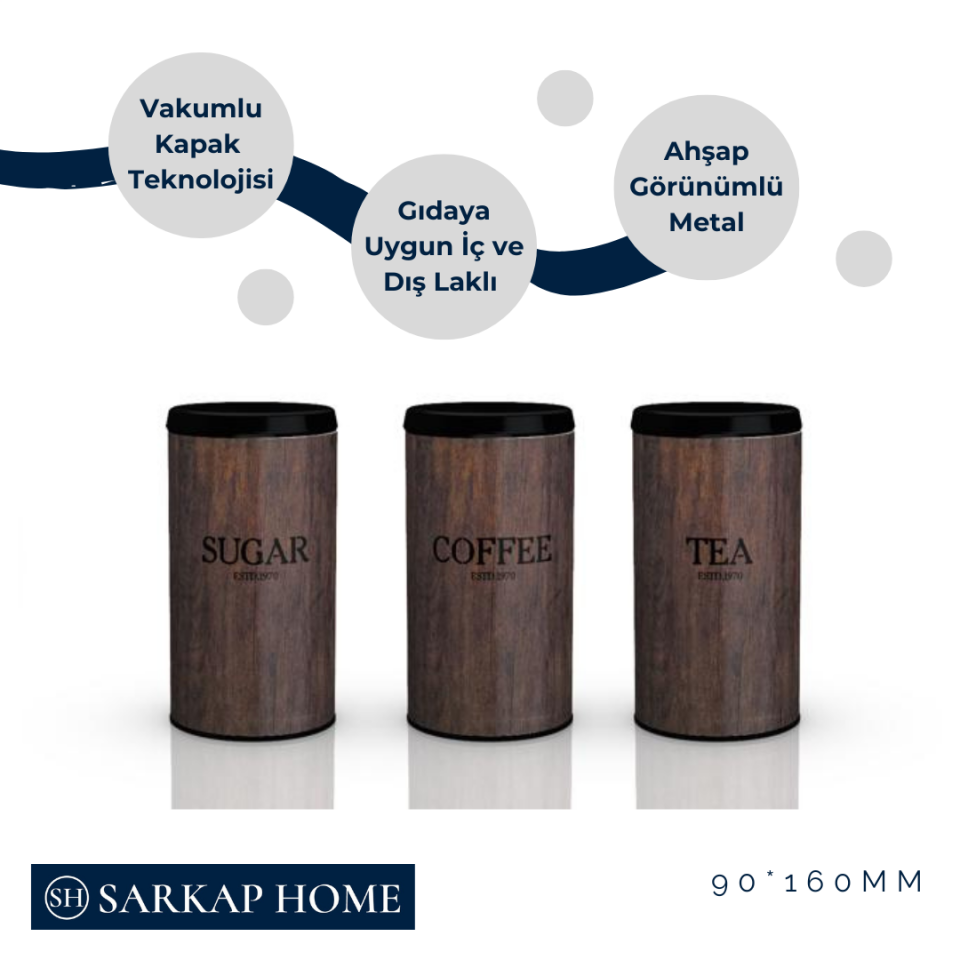 Vakumlu Kapaklı 3'lü Metal Saklama Kabı Seti Maun