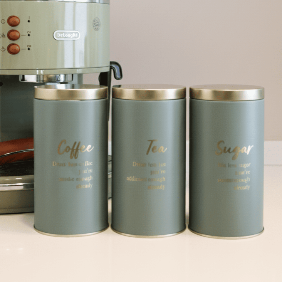 Vakumlu Kapaklı 3'lü Metal Saklama Kabı Seti Yeşil&Gold