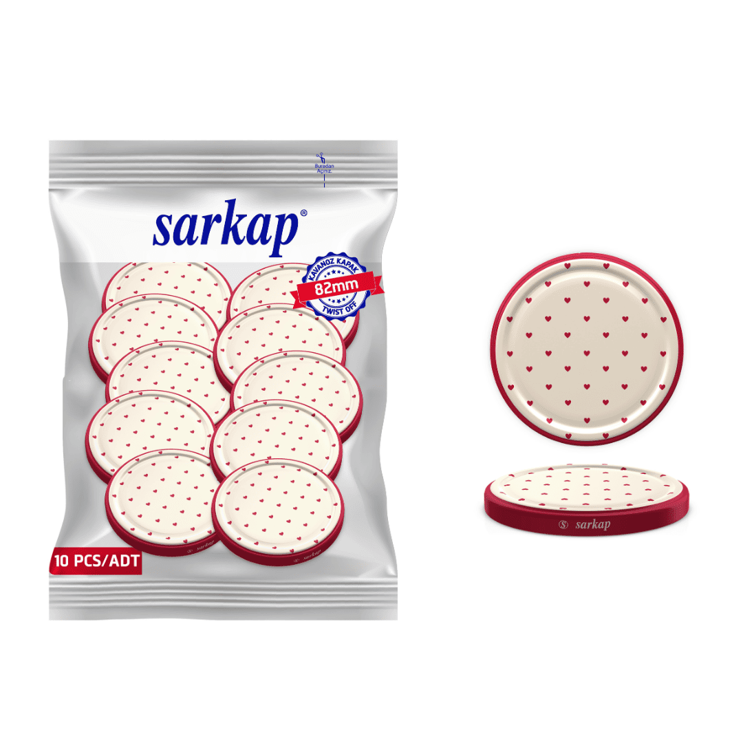 Hijyenik Paketli 10 Adet Kavanoz Kapağı Kalpli Desenler 82 mm KırmızıKalpKrem