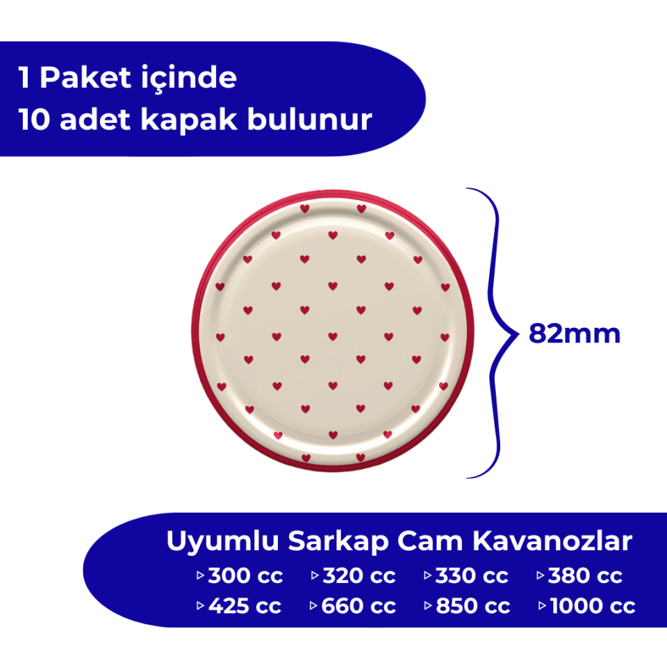 Hijyenik Paketli 10 Adet Kavanoz Kapağı Kalpli Desenler 82 mm KırmızıKalpKrem
