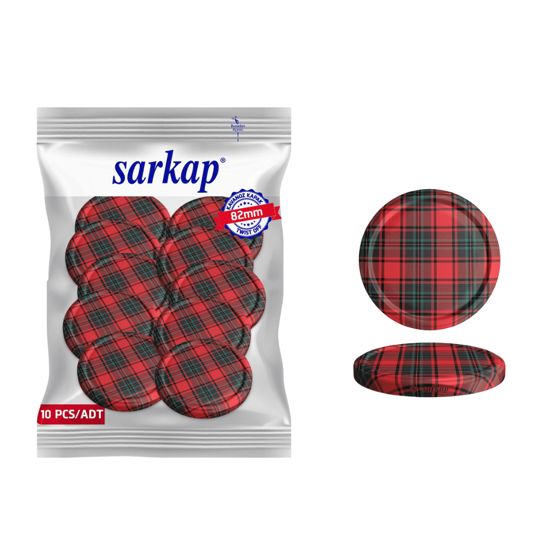 Hijyenik Paketli 10 Adet Kavanoz Kapağı Ekose Desenler 82 mm Kırmızı-Siyah