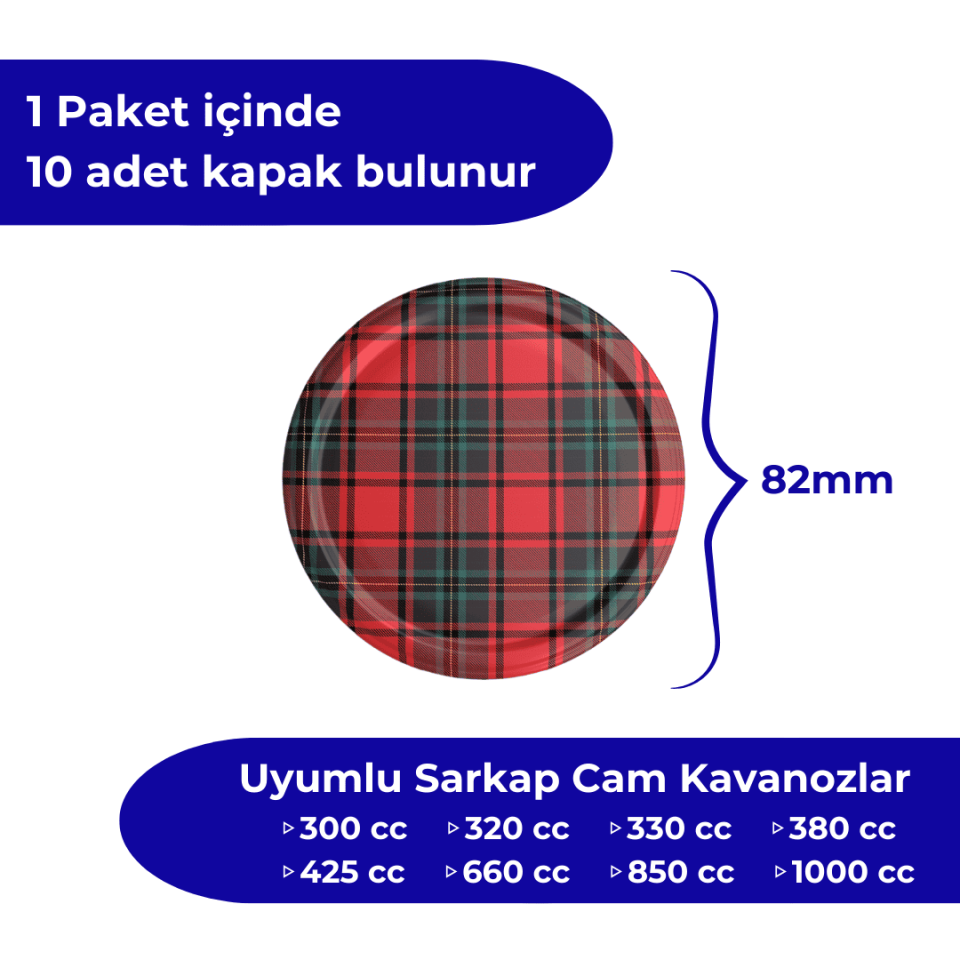 Hijyenik Paketli 10 Adet Kavanoz Kapağı Ekose Desenler 82 mm Kırmızı-Siyah
