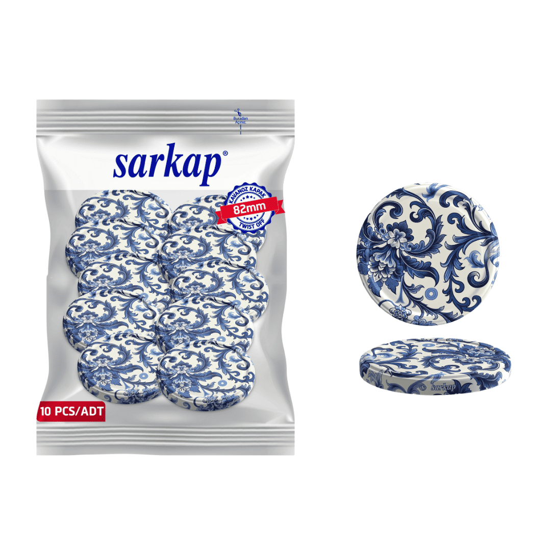 Hijyenik Paketli 10 Adet Kavanoz Kapağı 82 mm - Çini Çiçek Model