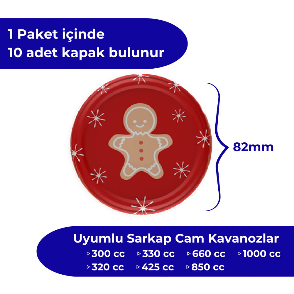 Hijyenik Paketli 10 Adet Kavanoz Kapağı Yeni Yıl Serisi 82 mm KırmızıCookie