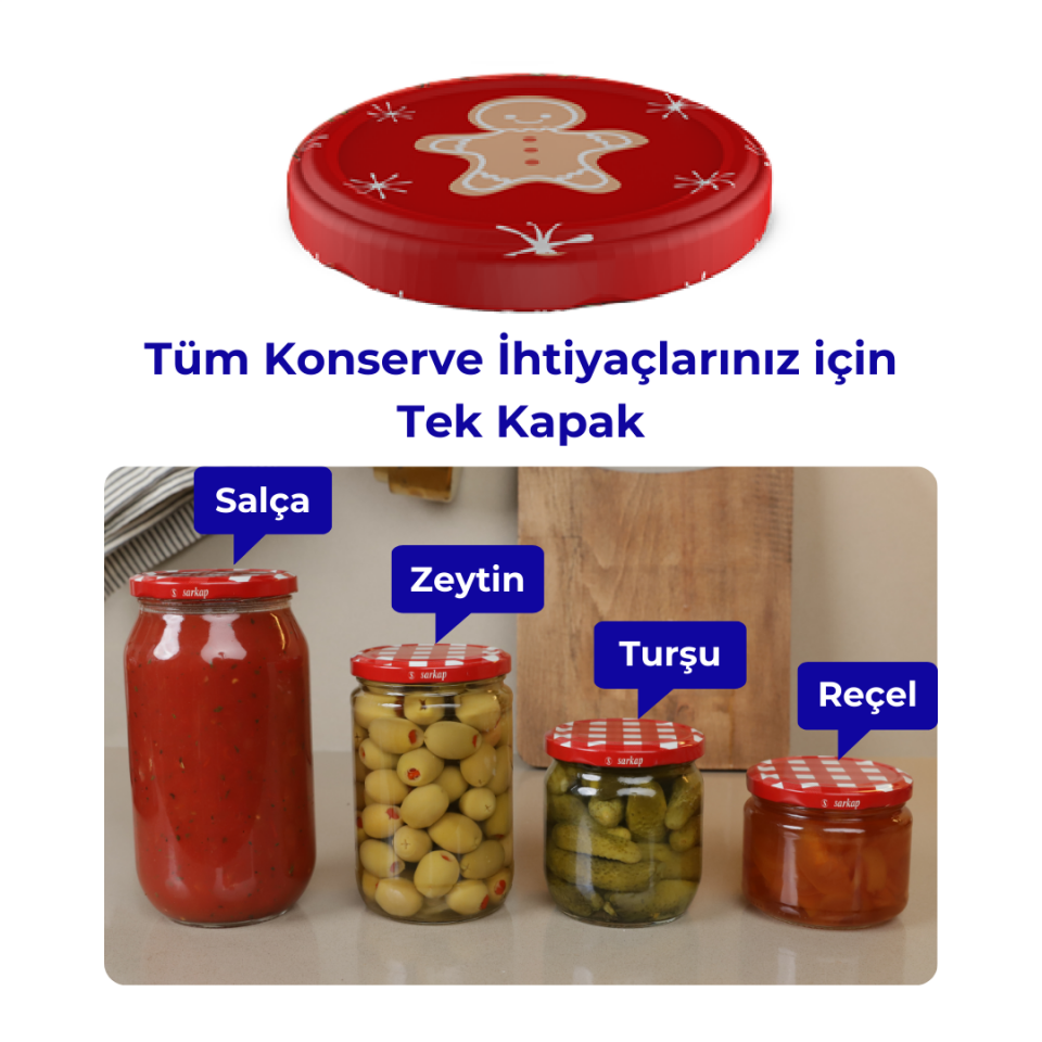 Hijyenik Paketli 10 Adet Kavanoz Kapağı Yeni Yıl Serisi 82 mm KırmızıCookie