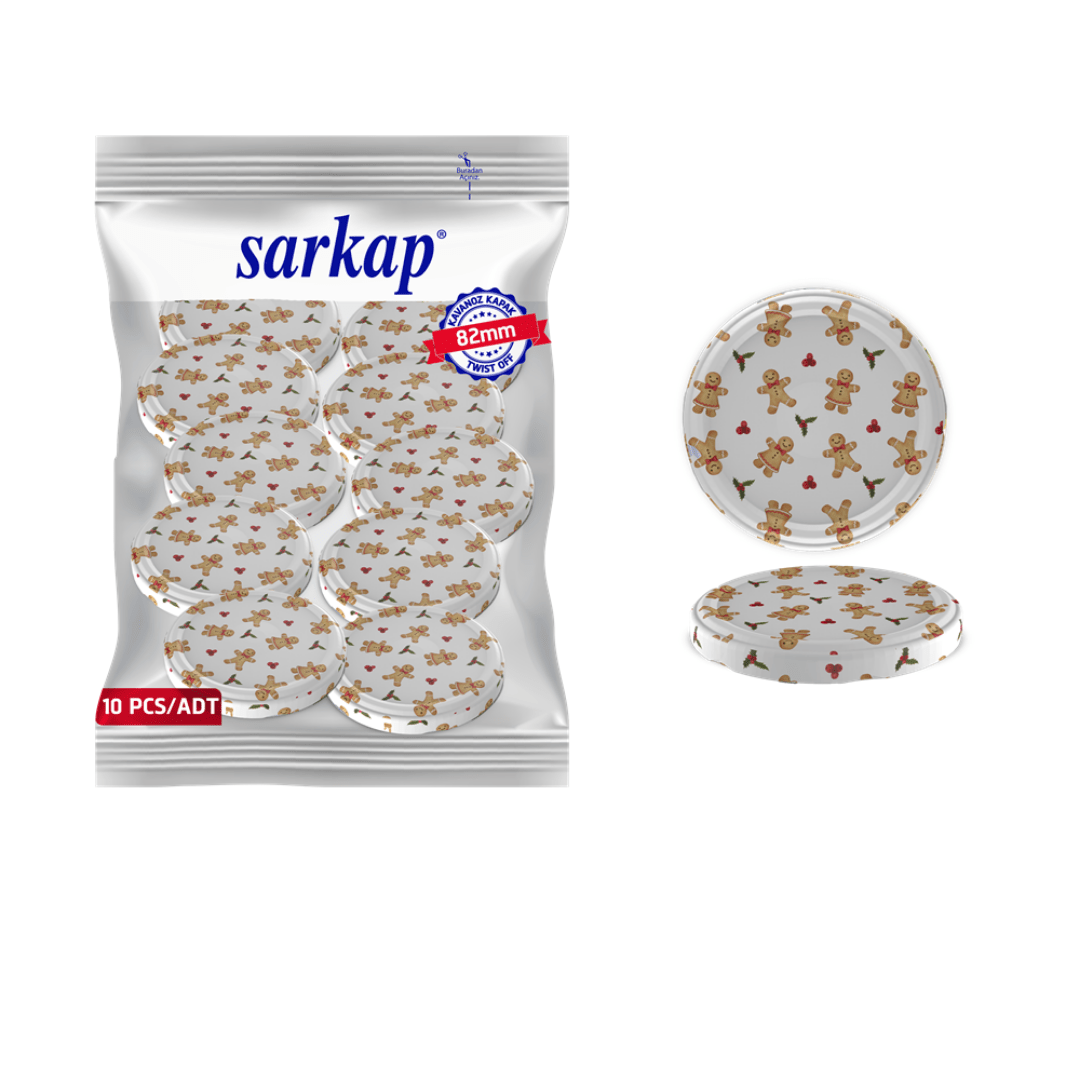 Hijyenik Paketli 10 Adet Kavanoz Kapağı Yeni Yıl Serisi 82 mm BeyazCookie