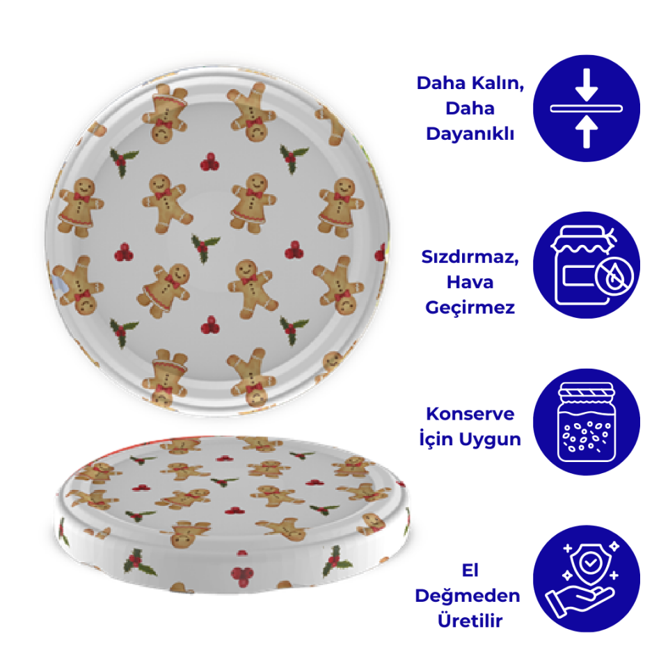 Hijyenik Paketli 10 Adet Kavanoz Kapağı Yeni Yıl Serisi 82 mm BeyazCookie