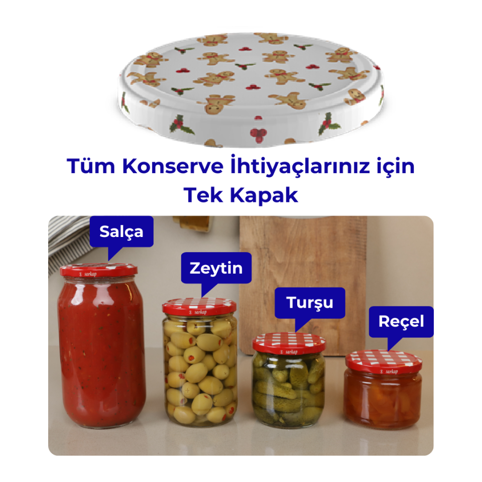 Hijyenik Paketli 10 Adet Kavanoz Kapağı Yeni Yıl Serisi 82 mm BeyazCookie