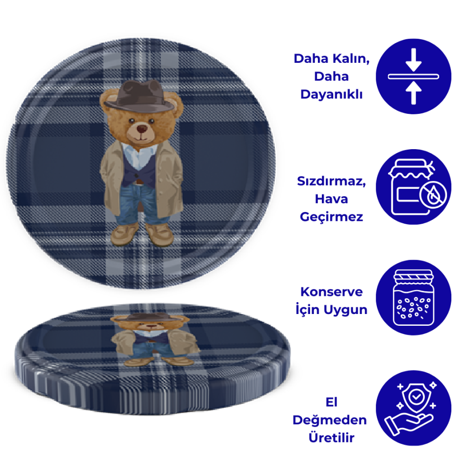 Hijyenik Paketli 10 Adet Kavanoz Kapağı Yeni Yıl Serisi 82 mm EkoseTeddyLacivert