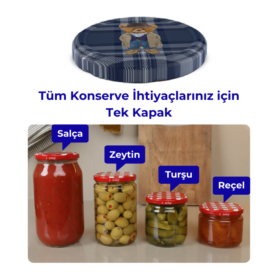 Hijyenik Paketli 10 Adet Kavanoz Kapağı Yeni Yıl Serisi 82 mm EkoseTeddyLacivert