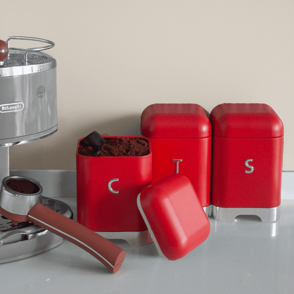 Sarkap Home Galvaniz Set-15,8L Büyük Boy Bread Ekmeklik & 1L 3'lü Tea Coffee Sugar Saklama Kutusu Kırmızı