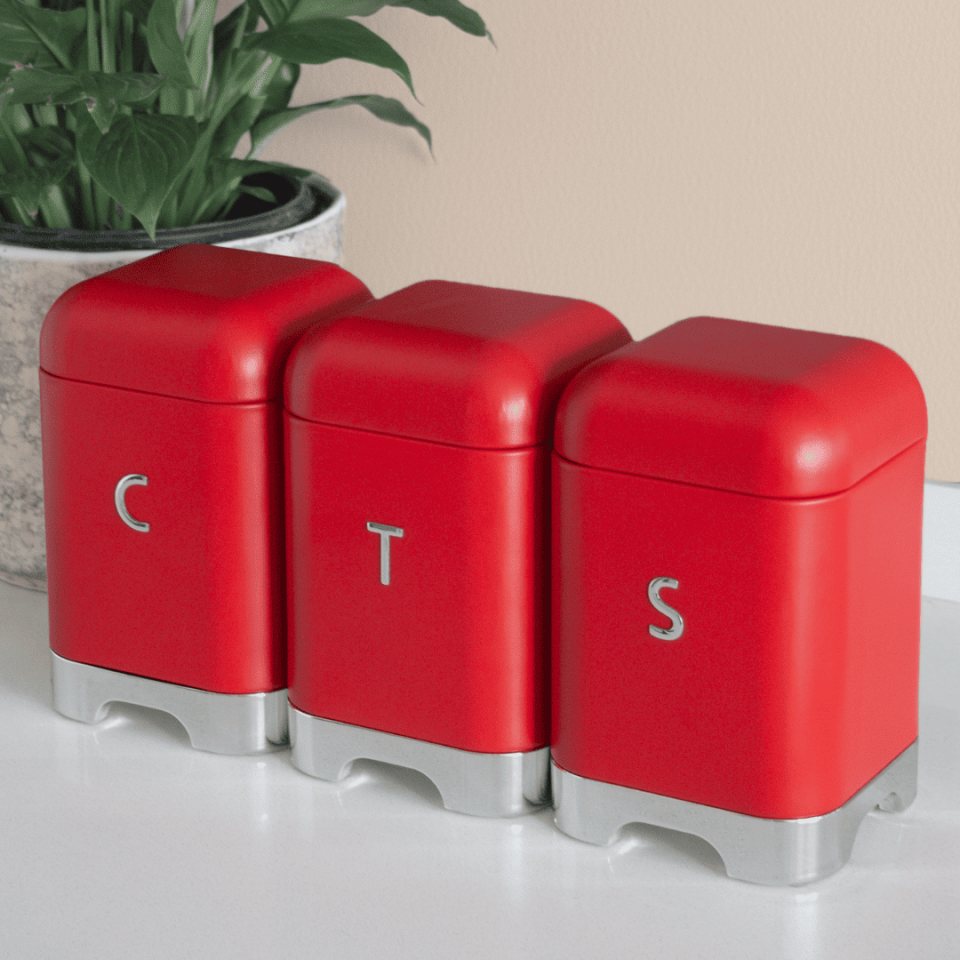 Sarkap Home Galvaniz Set-15,8L Büyük Boy Bread Ekmeklik & 1L 3'lü Tea Coffee Sugar Saklama Kutusu Kırmızı