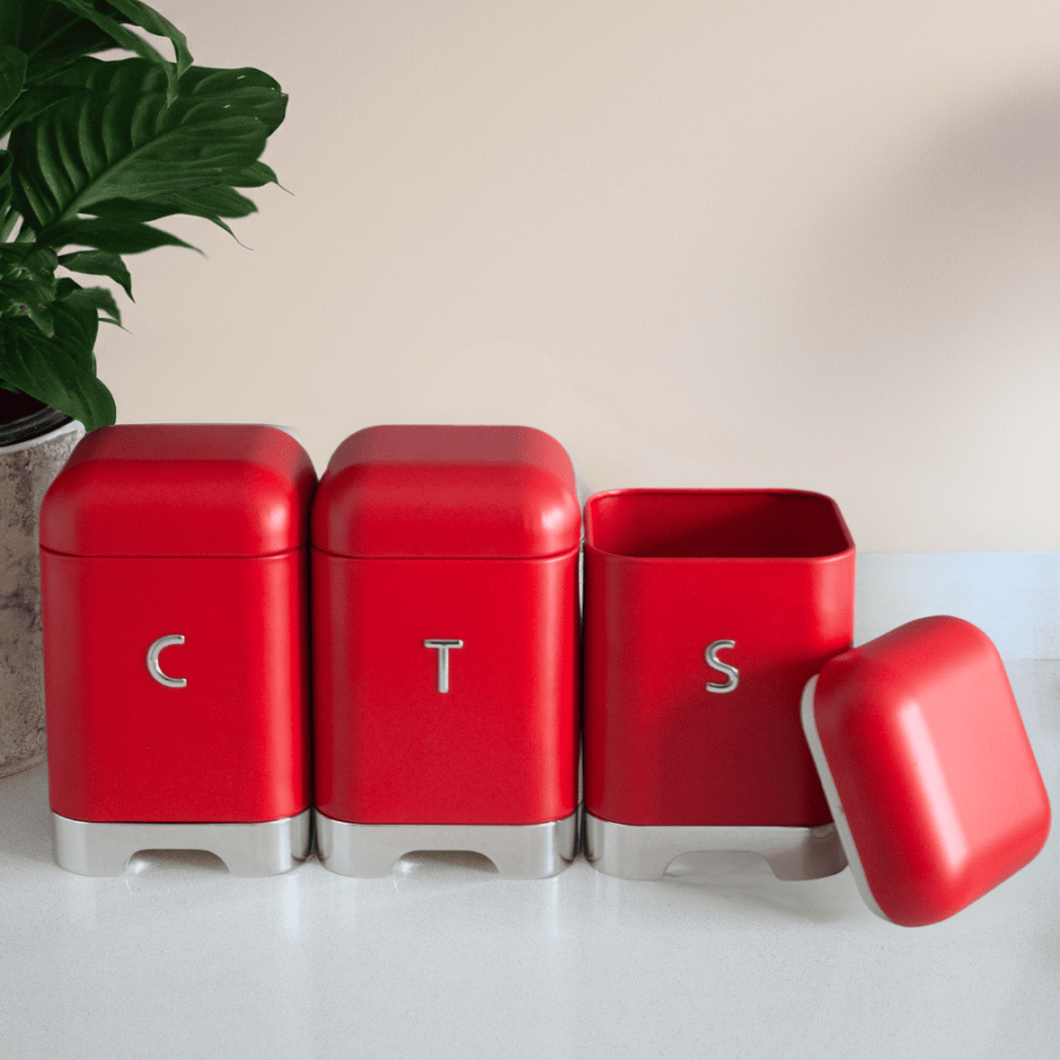 Sarkap Home Galvaniz Set-15,8L Büyük Boy Bread Ekmeklik & 1L 3'lü Tea Coffee Sugar Saklama Kutusu Kırmızı