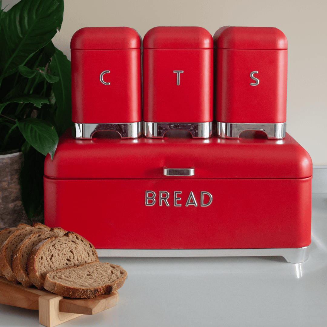 Sarkap Home Galvaniz Set-15,8L Büyük Boy Bread Ekmeklik & 1L 3'lü Tea Coffee Sugar Saklama Kutusu Kırmızı