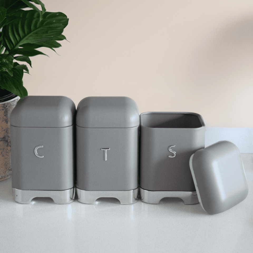 Sarkap Home Galvaniz Set-15,8L Büyük Boy Bread Ekmeklik & 1L 3'lü Tea Coffee Sugar Saklama Kutusu Koyu Gri