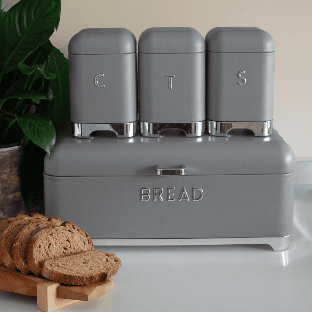 Sarkap Home Galvaniz Set-15,8L Büyük Boy Bread Ekmeklik & 1L 3'lü Tea Coffee Sugar Saklama Kutusu Koyu Gri