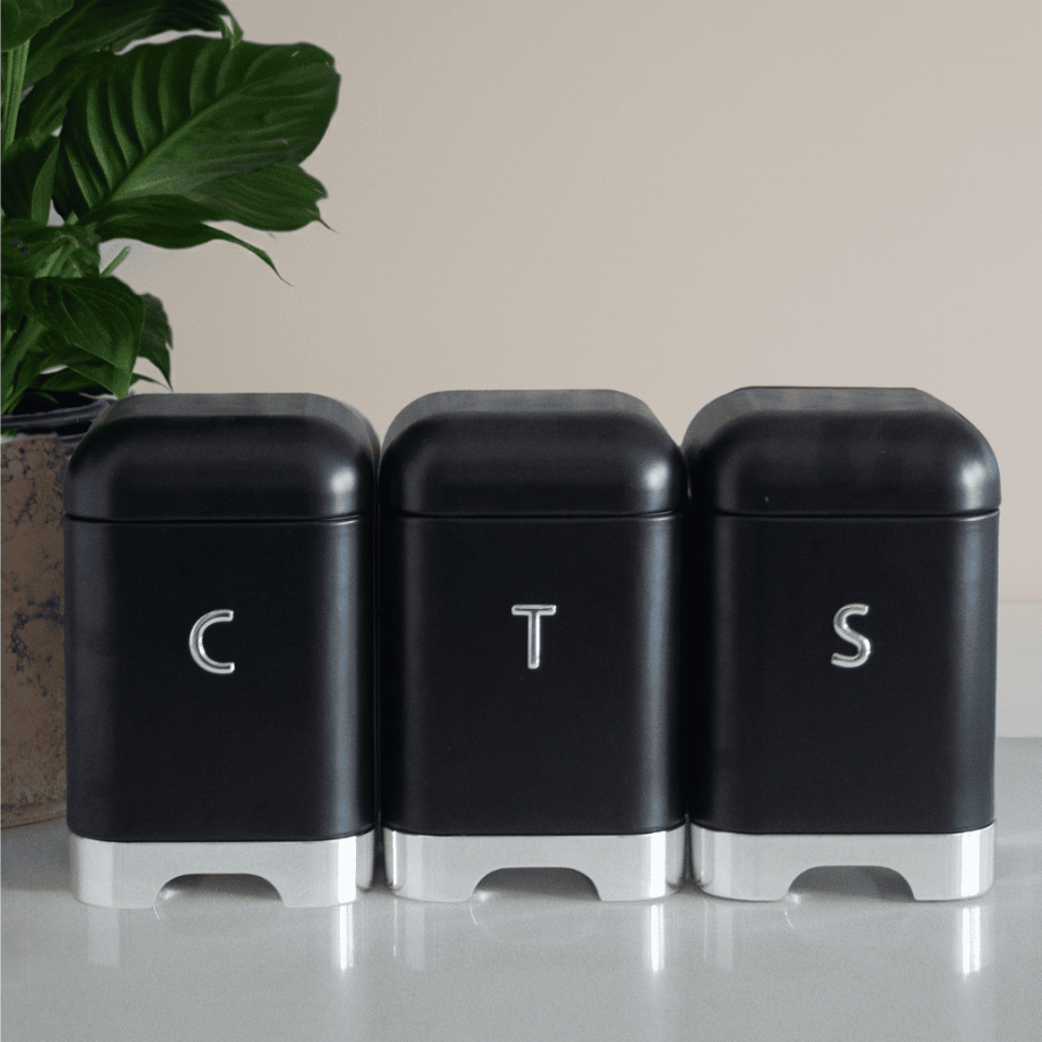 Sarkap Home Galvaniz Set-15,8L Büyük Boy Bread Ekmeklik & 1L 3'lü Tea Coffee Sugar Saklama Kutusu Siyah