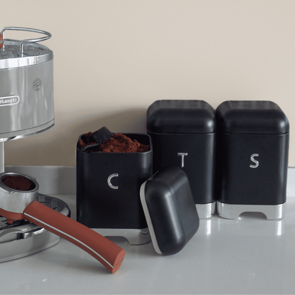 Sarkap Home Galvaniz Set-15,8L Büyük Boy Bread Ekmeklik & 1L 3'lü Tea Coffee Sugar Saklama Kutusu Siyah