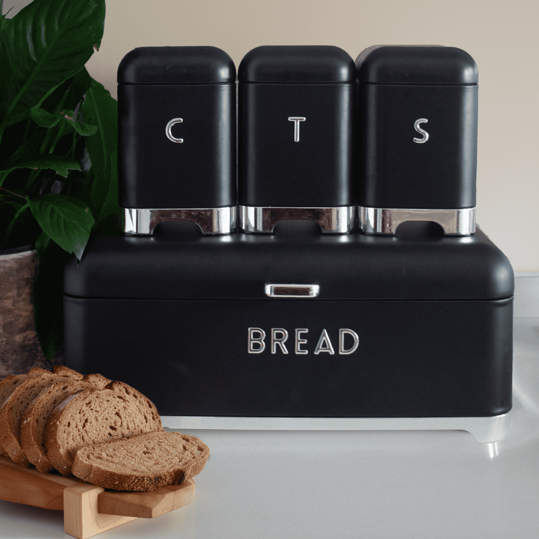 Sarkap Home Galvaniz Set-15,8L Büyük Boy Bread Ekmeklik & 1L 3'lü Tea Coffee Sugar Saklama Kutusu Siyah