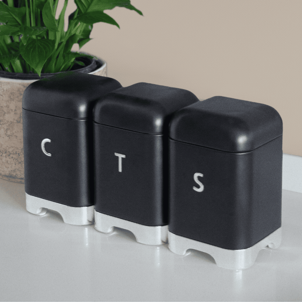 Sarkap Home Galvaniz Set-15,8L Büyük Boy Bread Ekmeklik & 1L 3'lü Tea Coffee Sugar Saklama Kutusu Siyah