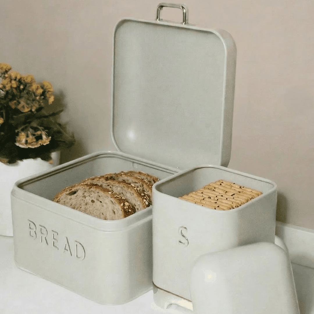 Sarkap Home Galvaniz Biscuits 5,6 L Küçük Boy Ekmeklik - 200x140mm & 2 L Storage Kutu - 115x150mm Set Açık Gri