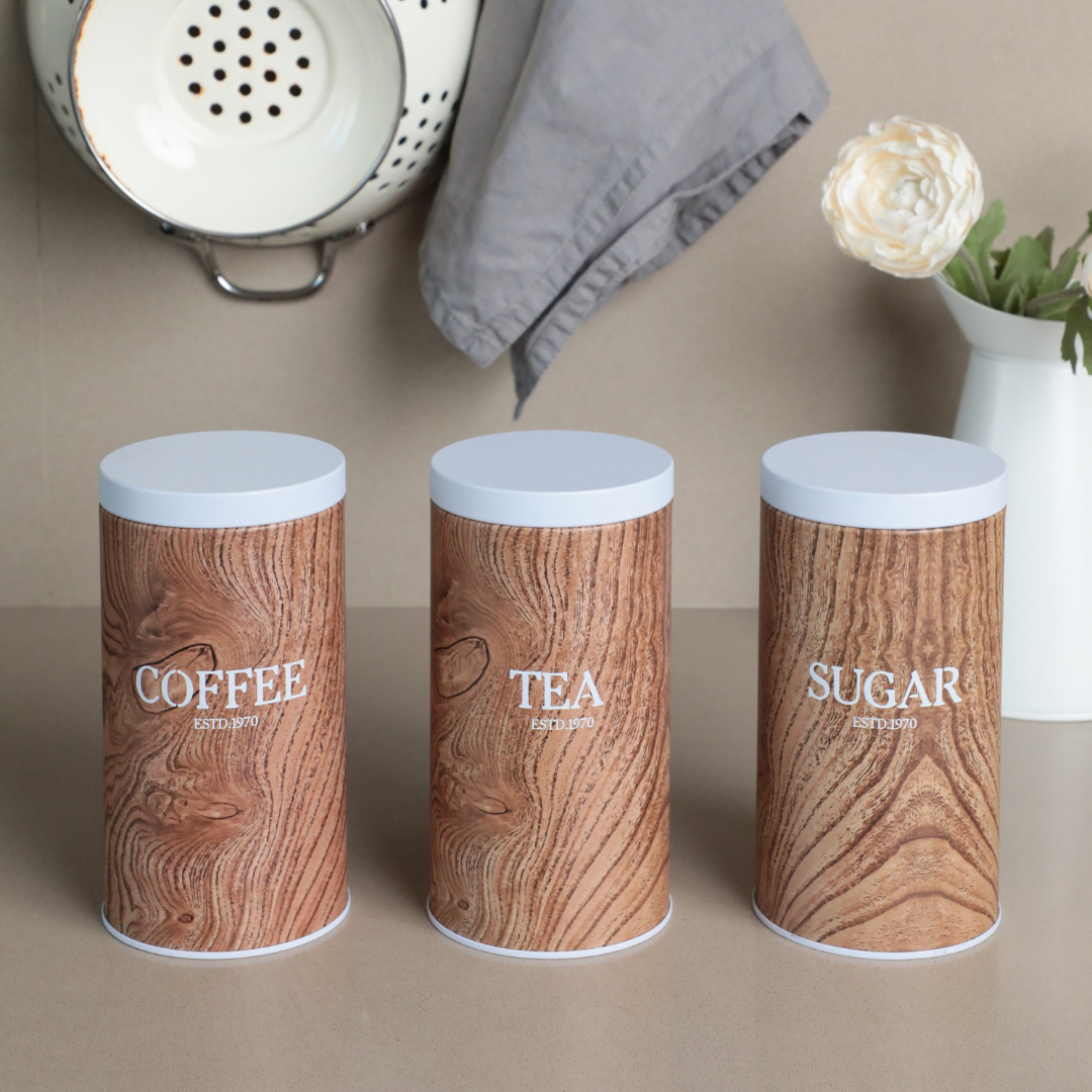 Vakumlu Kapaklı 3'lü Metal Saklama Kabı Seti Ahşap