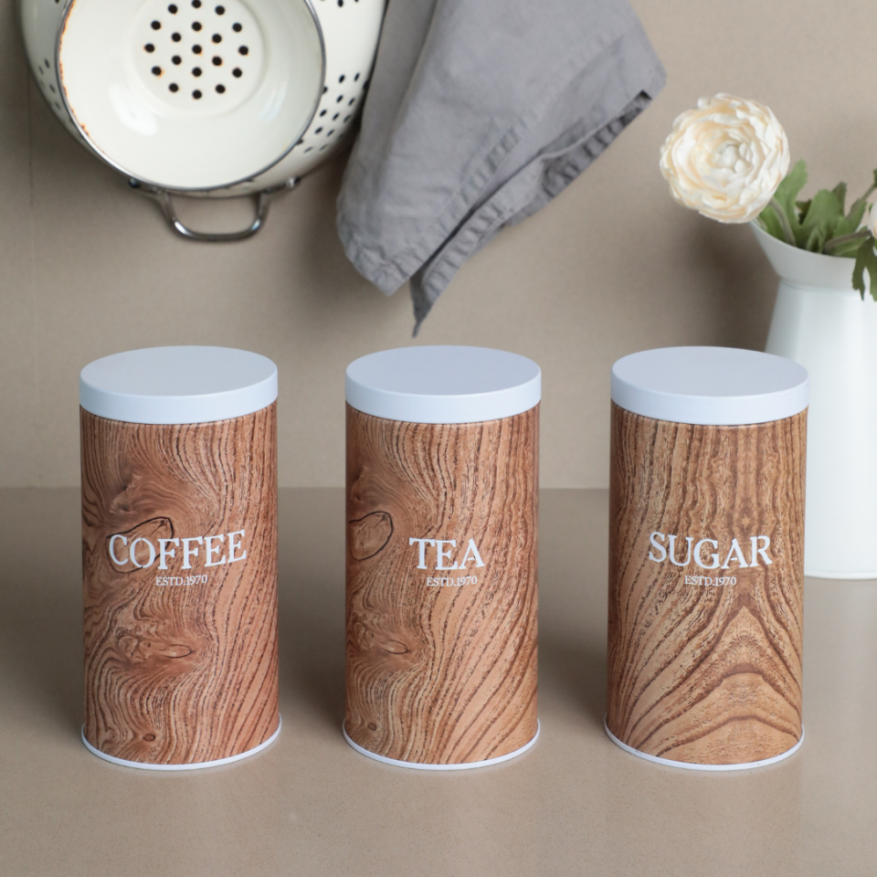 Vakumlu Kapaklı 3'lü Metal Saklama Kabı Seti Ahşap