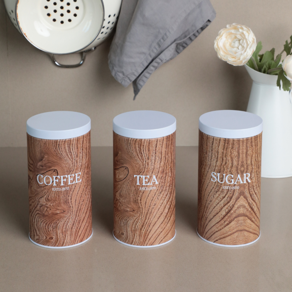 Vakumlu Kapaklı 3'lü Metal Saklama Kabı Seti Ahşap