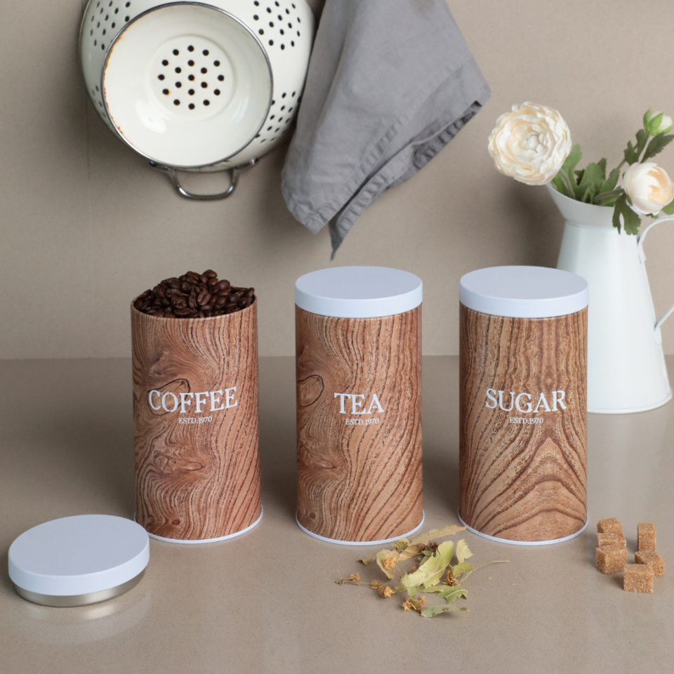 Vakumlu Kapaklı 3'lü Metal Saklama Kabı Seti Ahşap