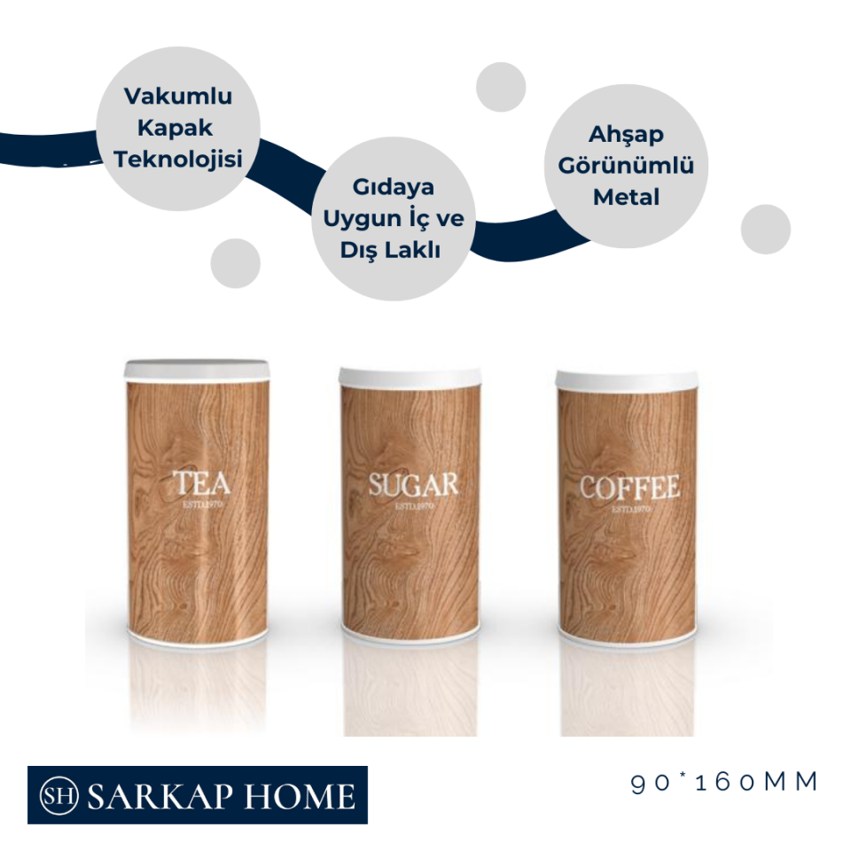 Vakumlu Kapaklı 3'lü Metal Saklama Kabı Seti Ahşap