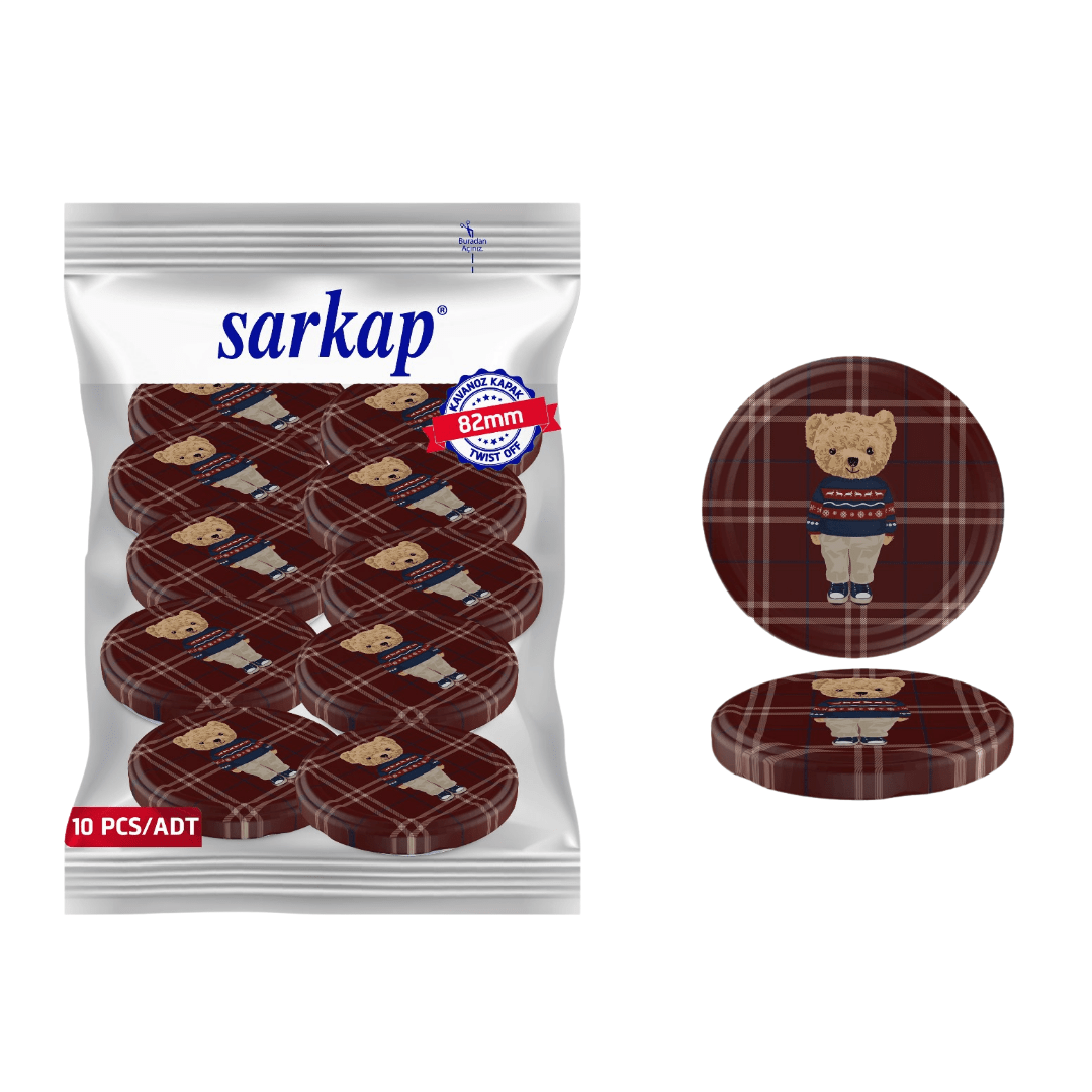 Hijyenik Paketli 10 Adet Kavanoz Kapağı Yeni Yıl Serisi 82 mm EkoseTeddyKırmızı
