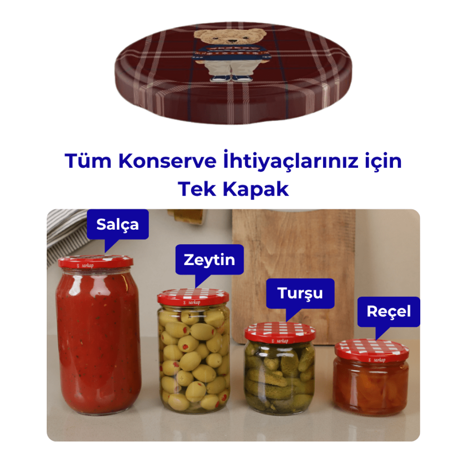 Hijyenik Paketli 10 Adet Kavanoz Kapağı Yeni Yıl Serisi 82 mm EkoseTeddyKırmızı