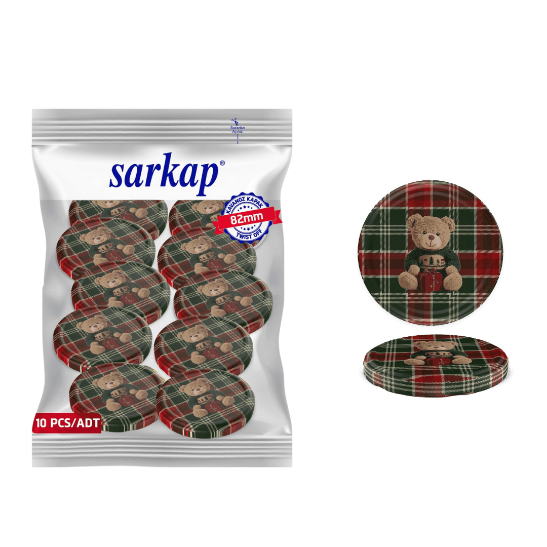 Hijyenik Paketli 10 Adet Kavanoz Kapağı Yeni Yıl Serisi 82 mm EkoseTeddyYeşil&Kırmızı