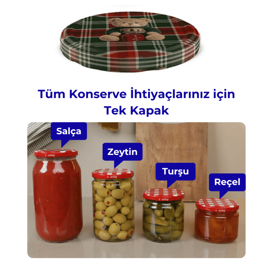 Hijyenik Paketli 10 Adet Kavanoz Kapağı Yeni Yıl Serisi 82 mm EkoseTeddyYeşil&Kırmızı