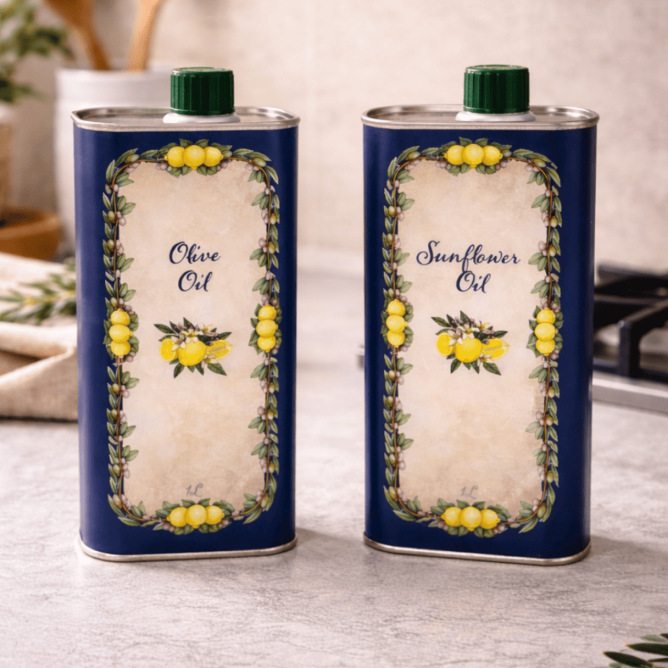 Sarkap Home 2'li Dekoratif 1000 ml Kapaklı Metal Zeytinyağı Tenekesi Seti